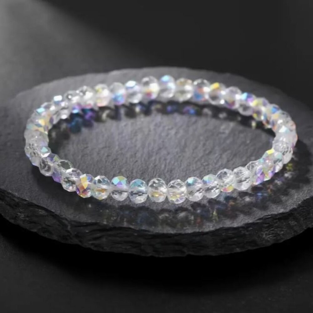 NEW Retro Clear Aurora Borealis Faceted Beaded Stretch Bracelet